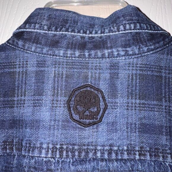 Harley Davidson Denim Long Sleeve Button Plaid Shirt Sz 2XL Embroidered - Picture 3 of 7